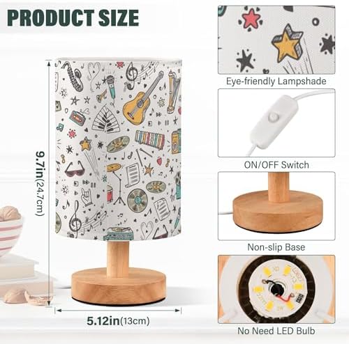 Table Lamp Music Pattern Musical Instrument Musical Notes Nightstand Lamp with Wood Base Fabric Lamp Shade Bedside Desk Lamp for Living Room Bedroom Kids Room Office