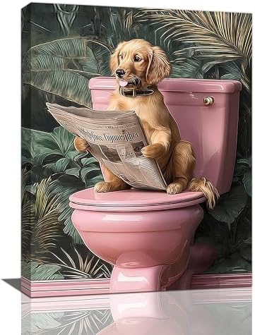 Crekviy Funny Golden Retriever Bathroom Decor Wall Art Dog Sitting on Toilet Pictures Cute Puppy Canvas Prints Painting Animal Restroom Artwork Home Decorations Framed Dog Gifts 12"x16"