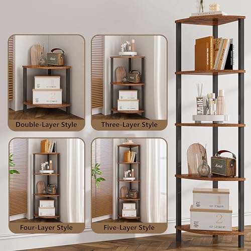VIMBER Corner Shelf, 5-Tier Corner Bookshelf, Industrial Corner Ladder Shelf, Rustic Display Shelf for Living Room, Bedroom, Kitchen, Home Office, Rustic Brown and Black UJSJ001H