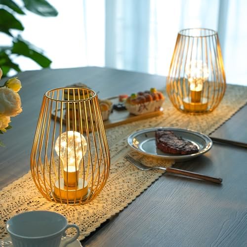 TRIROCKS Metal Cordless Table Lamp - 8'' Tall Set of 2 Cage Shape Battery Operated Lamp with Fairy Lights Bulb for Indoor/Outdoor Use Perfect for Christmas Garden and Weddings (Gold,Set of 2)