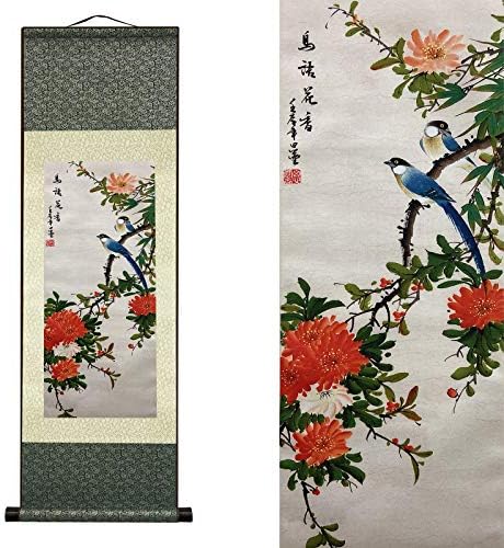 AtfArt Asian Wall Decor Beautiful Silk Scroll Painting Birds and Flowers - Bird Language Flower Fragrant Oriental Decor Chinese Art Wall Scroll Wall Hanging Painting Scroll (36.2 x 12 in)