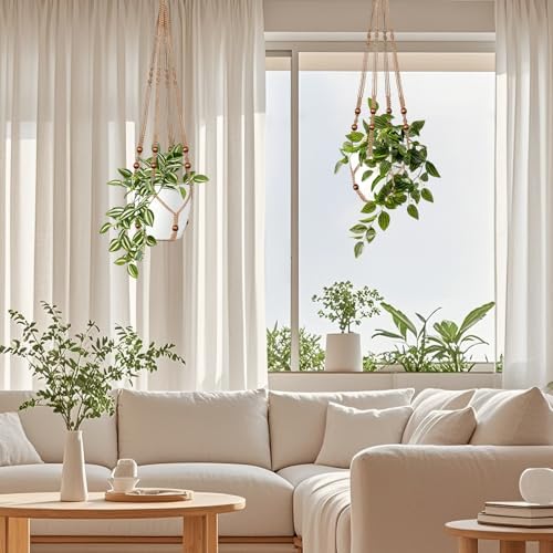 LEWESU Jute Macrame Plant Hanger Indoor Set of 4 Hanging Planter Basket Flower Pot Holder with Decorative Wood Beads & No Tassels for Indoor Outdoor Boho Home Decor, 35 Inch Brown (Pots Not Included)
