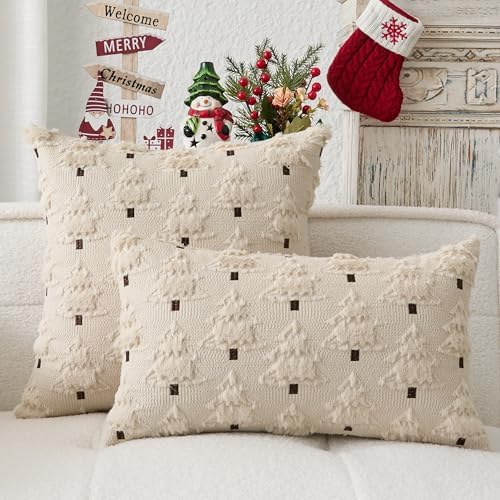 Kevin Textile Christmas Tree Pillow Covers 16x16 Inch Set of 2 Soft Plush Faux Fur with White Snow Embroidery Decoration Pillowcases for Couch Sofa Holiday Festivals Winter Xmas Gift, Beige