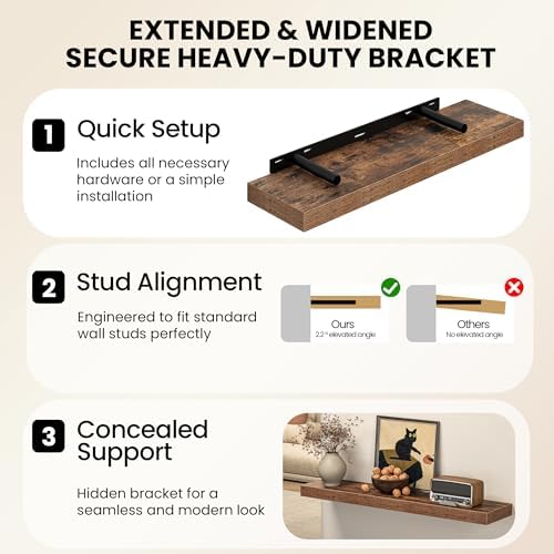 72 Inch Floating Shelves for Wall, Rustic Wood Wall Mounted Deep Storage Shelves with Invisible Brackets, Panoramic Decorative Display Ledge for Living Room Bedroom and Kitchen, Set of 2, Rustic Brown