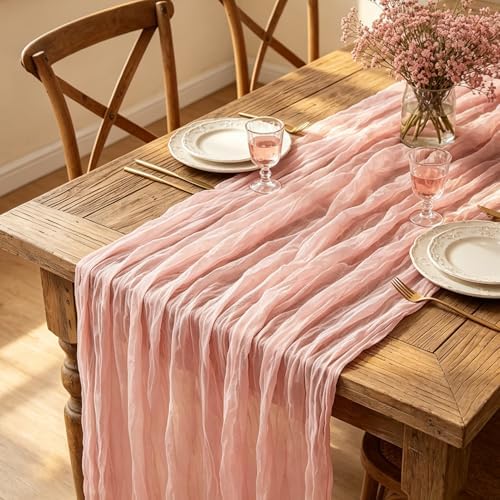 3Pcs Pink Cheesecloth Table Runner, 10FT Dusty Pink Boho Gauze Table Runner for Spring Easter Girl Baby Shower Bridal Shower Wedding Tea Party Pink Birthday Decorations