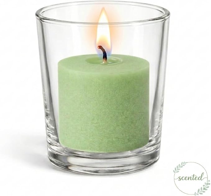 Set of 12 Green Vanilla Lime Scented Richland Votive Candles and 12 Clear Glass Eastland Votive Holders