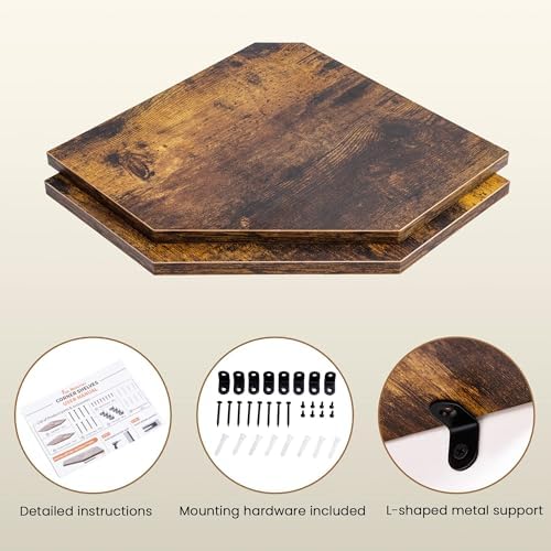Fun Memories Corner Shelf Wall Mount, Floating Corner Shelves, Set of 2 Corner Wall Shelf Organizer, Rustic Wood Wall Storage Display Shelves for Living Room Bedroom Bathroom Kitchen, Rustic Brown