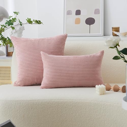 Home Brilliant 12x20 Pillow Covers Set of 2 Rectangle Throw Pillow Striped Corduroy Oblong Throw Pillowcases for Lumbar Pillows Girl's Room Decor 12 x 20 inch, Baby Pink