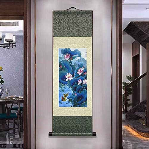 AtfArt Asian Wall Decor Beautiful Silk Scroll Painting Flowers - Lotus Chart Oriental Decor Chinese Art Wall Scroll Wall Hanging Painting Scroll (36.2 x 12 in)