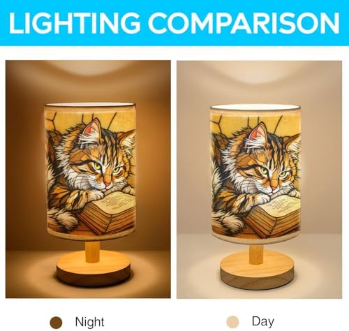 Cat & Book Table Lamp LED 3-Color Pressed Bedside, Cat & Book Shade Lamp with Wood Base for Bedroom Living Room Desk Office TL01