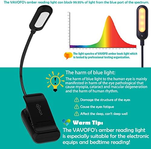 VAVOFO Amber Rechargeable Reading Light, Blue Light Blocking Book Light, 7 LEDs Eye Care 9 Colors 9 Brightness Clip On for Kids Bookworms Reading in Bed with Power Indicator Lasting 70h (Black)