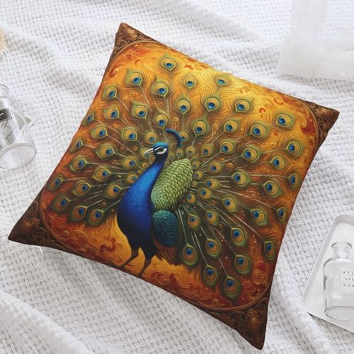 Golden Majestic Peacock Decorative Throw Pillow Cover