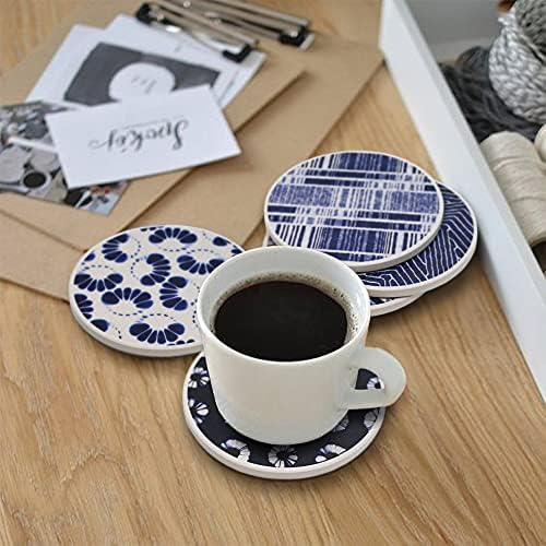 AD Set of 6 Coasters for Drinks Absorbing Round Ceramic Stone Coaster with Cork Base,Tabletop Protection Mat for Mugs and Cups,Office,Kitchen (Shibori)