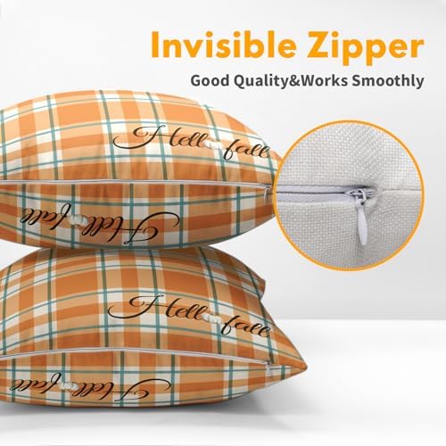 Orange Stripe Fall Throw Pillow Cover 20x20 Inch Set of 2 Hello Fall Stripes Buffalo Plaid Decorative Pillow Protector Pumpkin Autumn Thanksgiving Outdoor Cushion Case for Home Sofa Porch