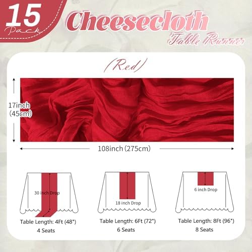 15 Pack Red Cheesecloth Table Runner 17 x 108 inch Cheese Cloth Table Runners 9ft Red Table Runner Rustic Romantic Sheer Gauze Runner for Wedding Party Baby Shower Table Decoration