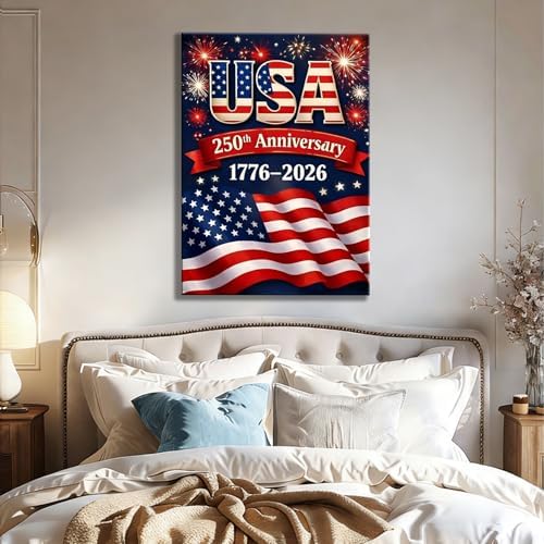 USA 250th Anniversary 1776-2026 Canvas Wall Decor, Patriotic Fireworks American Flag Wall Art, Independence Day Framed Canvas Prints for Home & Holiday Decoration, Made in USA