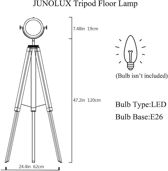 Adjustable Vintage Wood Tripod Floor Lamp for Living Room, Spotlight Black