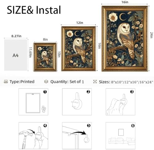 Vintage Gold Framed Owl Wall Art Dark Academia Canvas Art Prints | Dark Botanical Pictures Forest Animal Paintings Wall Decor Artwork for Living Room Bedroom 16x24in