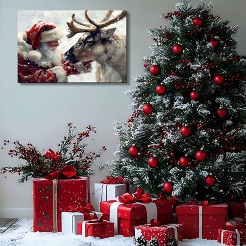 Santa's Reindeer Framed Christmas Canvas Wall Art for Living Room, Winter Pictures Wall Decor Painting Prints for Bedroom, Santa Christmas Art, 24x36 Poster Artwork for Wall Decorations