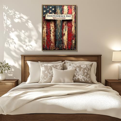 American Flag Framed Canvas Wall Art, 4th of July Patriotic Canvas Prints | USA Flag Wood Texture Poster Print, 4th of July Red White Blue Wall Decor for Bedroom Living Room 24×32in
