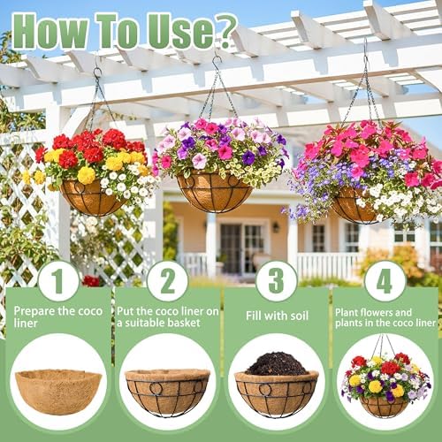 2 Pack 12 Inch Hanging Baskets for Plants Outdoor Metal Hanging Planters Round Hanging Flower Pots with Coco Coir Liner Plant Holder for Outdoor Patio Garden Balcony Decor - Circular