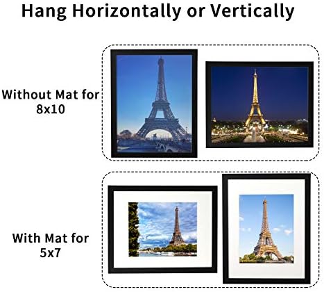 BAIJIALI 8x10 Picture Frame Black Wood Pattern Set of 4 with Tempered Glass,Display Pictures 5x7 with Mat or 8x10 Without Mat, Horizontal and Vertical Formats for Wall and Table Mounting