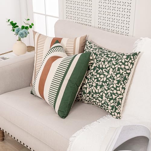Decorative Farmhouse Throw Pillow Covers 18x18 Accent Faux Leather Pillowcase Rustic Boho Decor,Olive Green and Beige (Cover ONLY, Pack of 2)