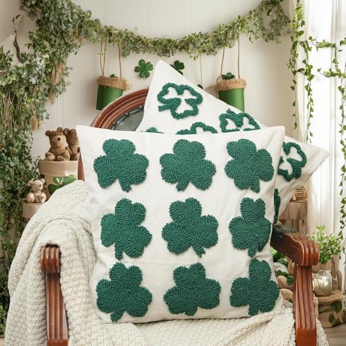 GEEORY St. Patrick's Day Pillow Covers 16x16 Inch Set of 2, Embroidered Shamrock Canvas Throw Pillow Cases, Farmhouse St. Patrick's Decor Cushion Covers for Sofa Bed Home Decorations