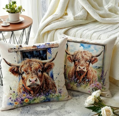 Highland Cow Decorative Throw Pillow Covers with Wildflowers 18x18 Inch Farmhouse Rustic Cushion Cover Western Cows Pillowcase 2Pack for Couch Sofa (Blue)
