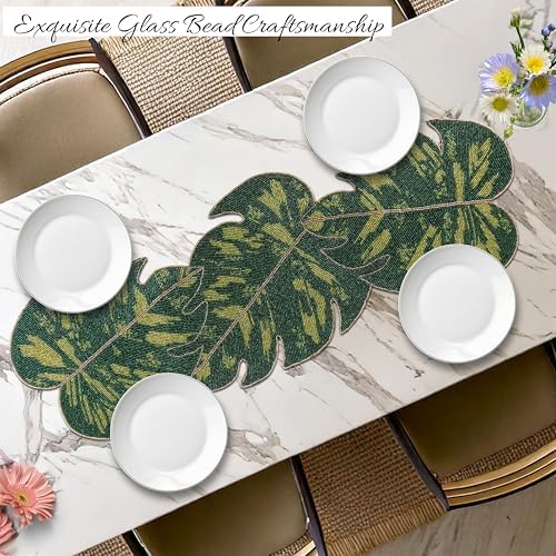 Monstera Leaf Beaded Table Runner 13 x 36 Inch, Handmade Glass Bead Runner for Dining Table, Coffee Table & Console Table, Tropical Farmhouse Centerpiece Decor for Holidays, Weddings & Everyday Use