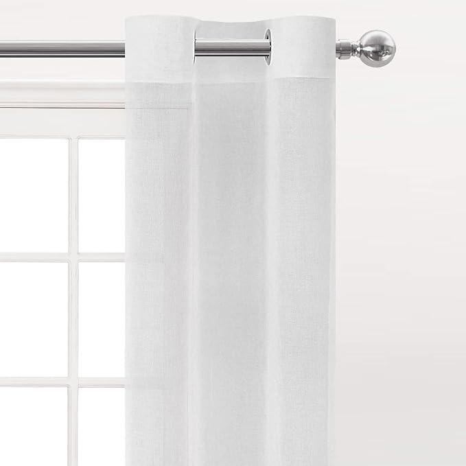 DWCN White Faux Linen Sheer Curtains - Grommet Top Voile Short Window Curtains Drapes 54 Inches Long, Solid Short Semi Sheer Curtains for Bedroom Living Room 28 x 54 inch Length Set of 2 Panels