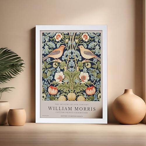 Poster Master William Morris Poster - Strawberry Thief Print - Bird Art - Botanical Art - Flower Artwork - Exhibition Creation - Animal Piece - Floral Illustration - Office or Bedroom Wall Decor - 16x20 White Framed