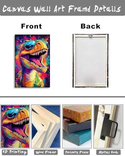 Large Dinosaur Canvas Wall Art Graffiti Wall Decor Framed Funny Dinosaur with Glasses Picture Modern Pop Painting Prints for Living Room Bedroom Home Office Ready to Hang - 28.00"x42.00"