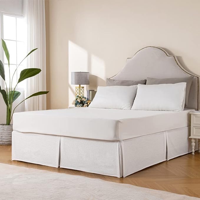 MIYE Pleated Waffle Weave Bed Skirt, Tailored Dust Ruffle 22 Inch Drop Easy Fit, Machine Washable (White, Queen - 22" Drop)