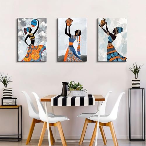 Black Woman Wall Art for Girl Bedroom Abstract Wall Decor African Women Pictures African Dancing Canvas Prints Ethnic Painting Modern Artwork Kitchen Living Room Home Decorations 16x24" 3Pcs