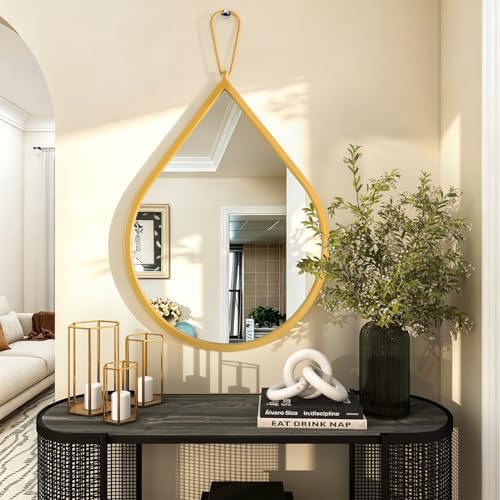 Teardrop Wall Mirror Gold Metal Framed Decorative Mirror Unique Shaped Modern Wall-Mounted Entryway Hallway Bathroom Living Room Vanity Mirror 16 x20 Inches