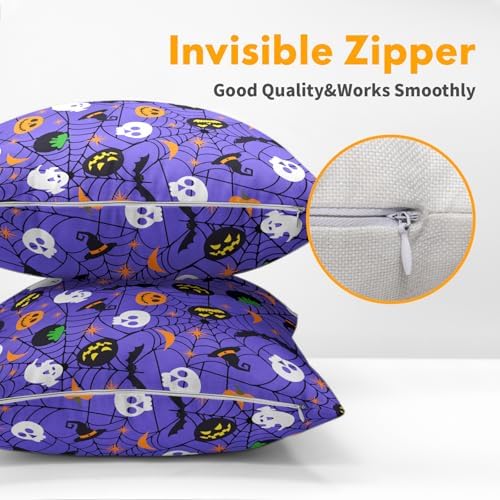 Halloween Purple Throw Pillow Covers 20x20 inch Set of 2 Humour Pumpkins Ghost Skeleton Bat Web Decorative Pillowcase Holiday Cotton Linen Pillow Cases for Home Sofa Porch Outdoor Decor