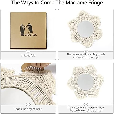 Mkono Boho Wall Mirror Decor Round Macrame Hanging Wall Art Decoration for Bedroom Nursery Living Room Apartment Office Entryways Home, Teen Girl Mothers Gift, Ivory