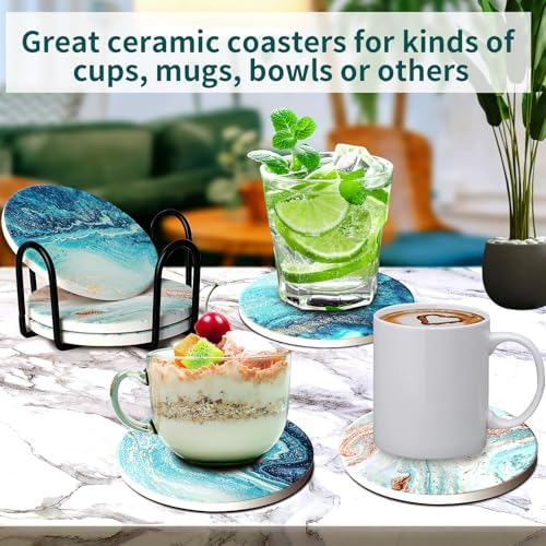 Coasters for Drinks with Holder Teal Marble Abstract Ceramic Stone Coasters Set of 6 Cork Base Round Absorbent Funny Drink Coaster Blue Beach Ocean Style for Cups Mugs Tabletop Protection