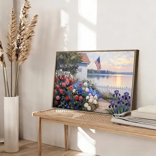 American Flag Framed Canvas Wall Art, 4th of July Patriotic Canvas Prints | Summer Cottage Landscape Poster Print, Vintage Independence Day Wall Decor for Bedroom Living Room 20×24in
