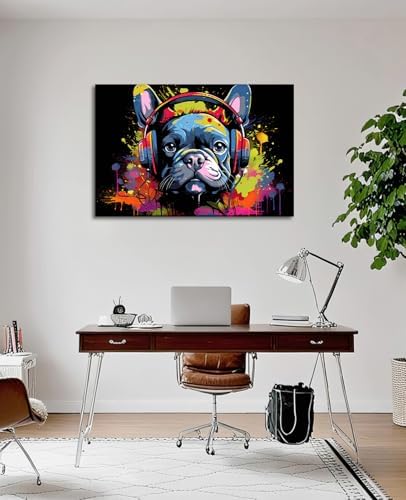 French Bulldog Wall Art Dog Wall Decor Black Poster Canvas Prints Graffiti Bulldog Wear Headphone Paintings for Living Room Bedroom Bathroom Home Office Decor Framed(Gog-4,12.00"x18.00")