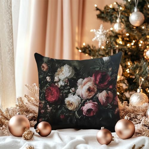 Vintage Moody Dark Antique Vintage Floral Pillow Cover 18x18 Double-Sided, Rustic Gothic Moody Flower Botanical Decorative Throw Pillow Cover for Home Bedroom Living Room