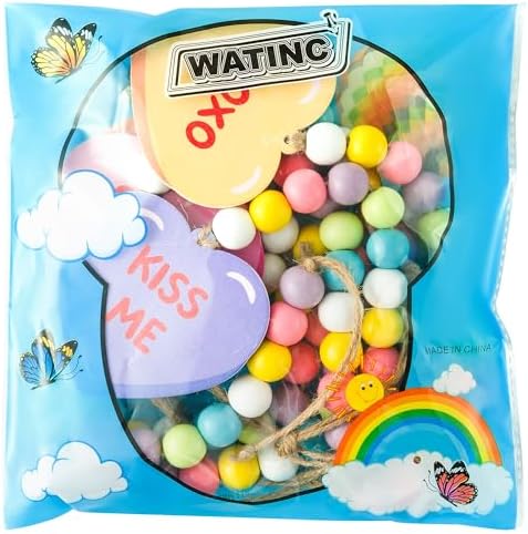 WATINC 8pcs Valentine's Day Wooden Bead Conversation Heart Garland, Sweet Love Wood Hanging Ornament, Double-sided Romantic Heart Pendant Hang Decor with Rope for Happy Valentine Party Tree Wall Decor