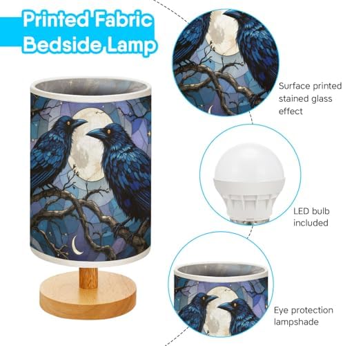 Raven and Crow Table Lamp LED 3-Color Pressed Bedside, Raven and Crow Shade Lamp with Wood Base for Bedroom Living Room Desk Office TL01