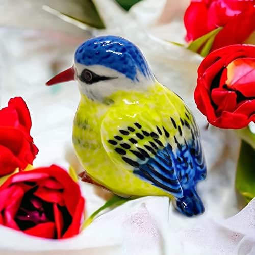 WitnyStore Tiny 1½" Yellow Blue Red Sitting Kingfisher Bird Figurine - Miniature Hand Made Painted Ceramic Birds Aves Colorful Porcelain Feathered Animal Cute Decorative Collectible Figure Décor Gifts