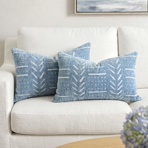 BlissBlush Coastal Blue Decorative Lumbar Pillow Covers 12x20 Set of 2, Soft Woven Chenille Accent Pillow Covers for Couch Sofa Bed, Textured Farmhouse Cushion Covers for Living Room