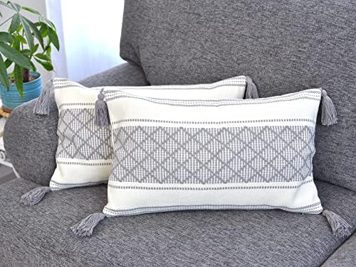 12x20 inch Lumbar Pillow Covers with BohoTassels Gray Set of 2 / Decorative Small Rectangle Grey Accent Cushion Covers for Indoor Outdoor Patio Couch Sofa / Pillow Cases Checkered Geometric Pattern