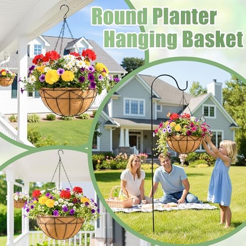 4 Pack 12 Inch Hanging Baskets for Plants Outdoor Metal Hanging Planters Round Hanging Flower Pots with Coco Coir Liner Plant Holder for Outdoor Patio Garden Balcony Decor - Geometric