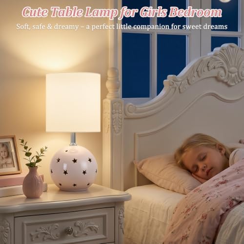 Small Table Lamp, 14" Pink Ceramic Bedside Lamp for Girls Kids Bedroom,Dorm