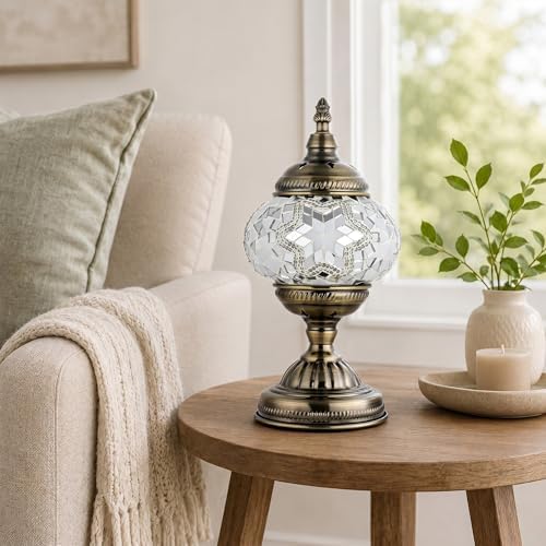 GOGERS Turkish Moroccan Table Lamp Lantern with Handmade Mosaic Glass Lampshade Tiffany Style Bohemian Stained Glass Decorative Desk Lamps Bedside Night Lights for Bedroom (White 2)